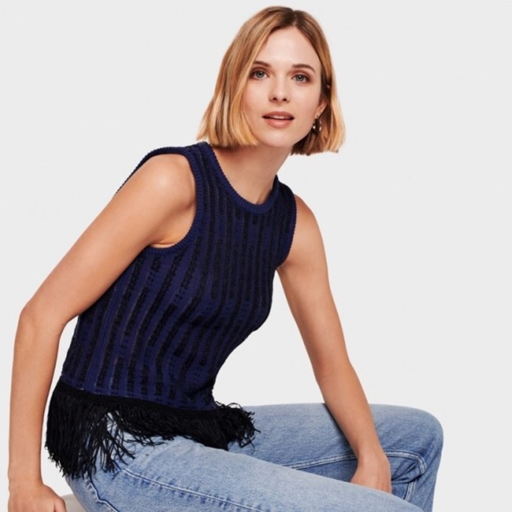 NEW White + Warren Mid Gauge Fringe Detail Tank | Navy & Black